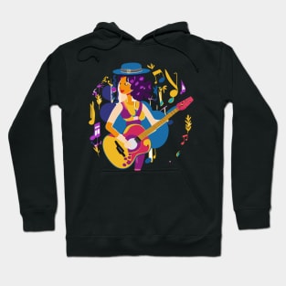 a music-inspired t-shirt design for a fictional band or artist.  a combination of musical elements, typography, and vibrant colors to convey the music’s energy Hoodie